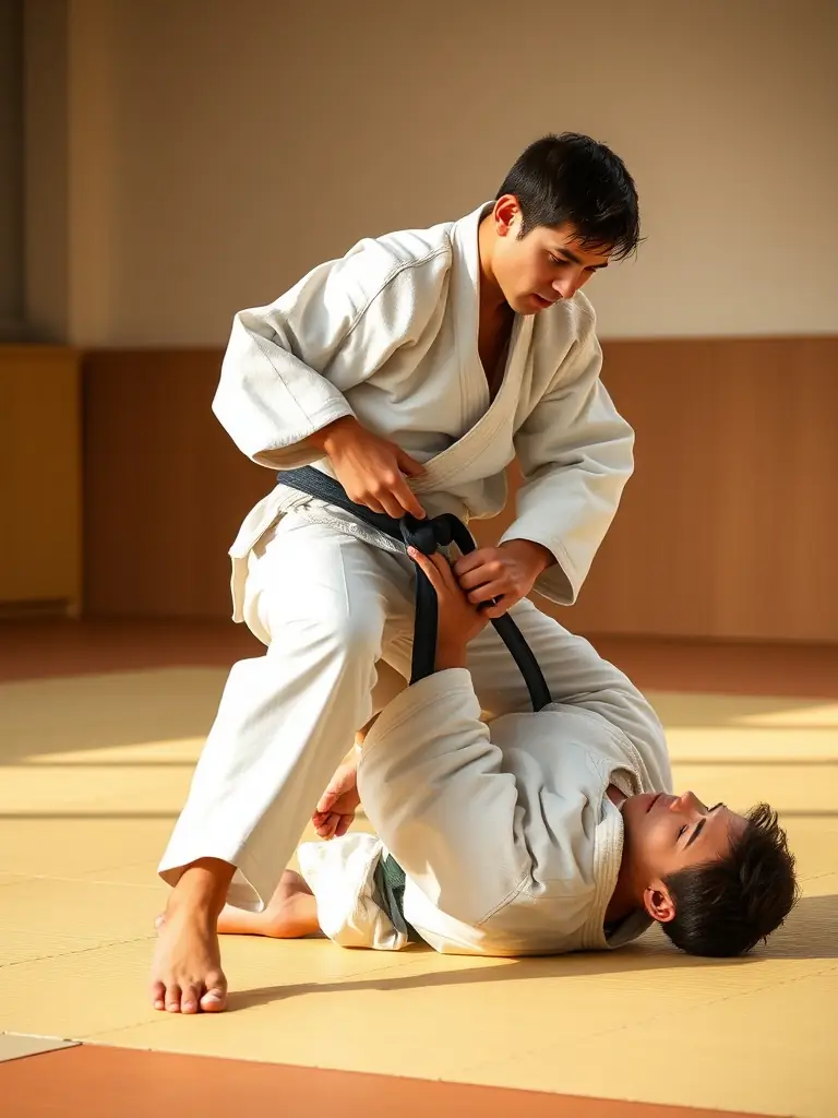 A student successfully executing a judo throw, demonstrating the personal development and skill enhancement achieved through training at Judo Club Ruffecois.