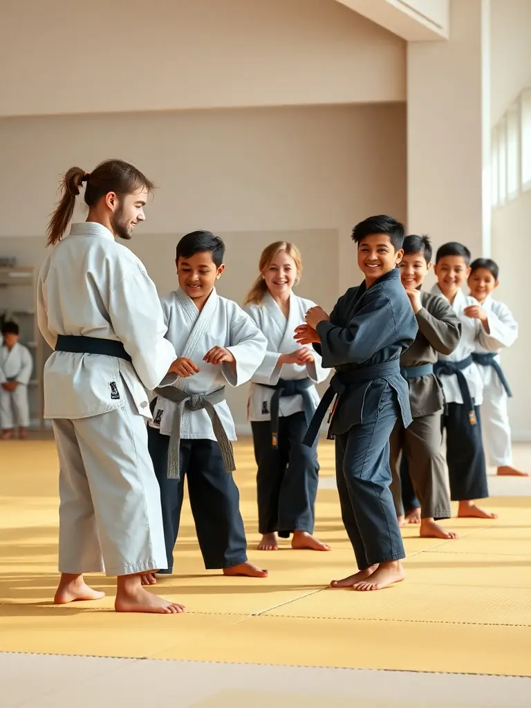 A group of diverse students of varying ages and backgrounds training together in a judo class, showcasing the community spirit of Judo Club Ruffecois.