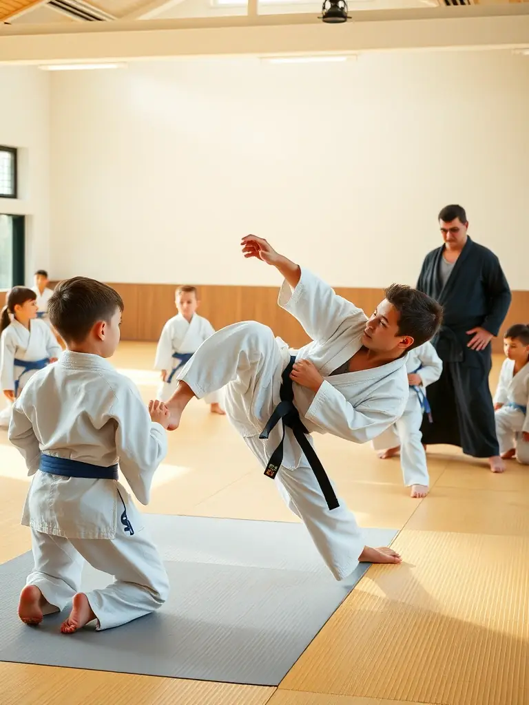 A dynamic action shot of individuals practicing judo throws during a training session at Judo Club Ruffecois, showcasing the physical engagement and technique involved.