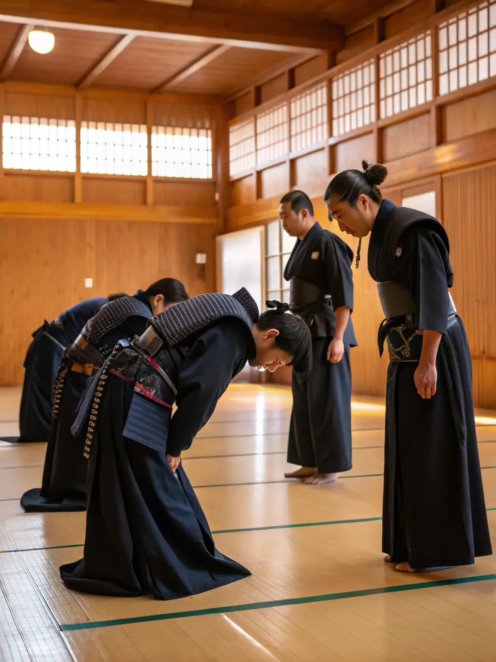 A striking image of kendo students in full gear practicing sword techniques at JUDO CLUB RUFFECOIS, emphasizing the tradition and precision of kendo.