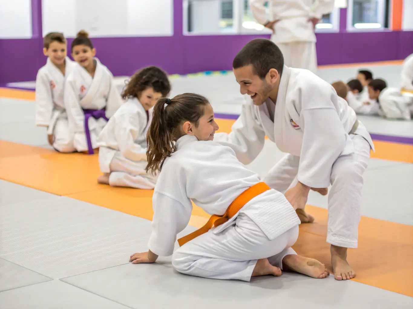A dynamic shot of children practicing Judo techniques during a class at JUDO CLUB RUFFECOIS, showcasing their enthusiasm and the supportive atmosphere of the program.