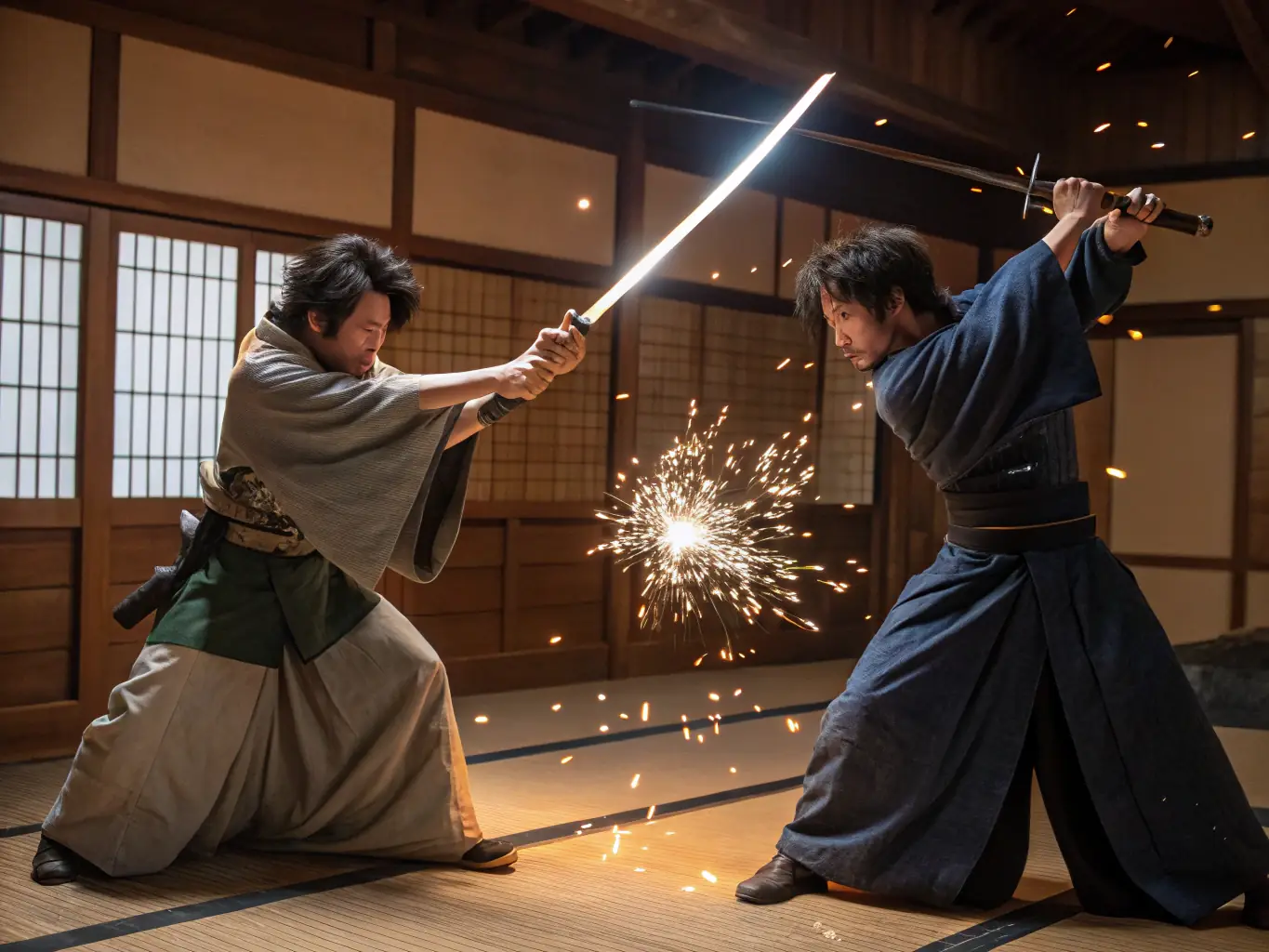 A striking photograph of kendo practitioners in full gear, engaged in a spirited sparring match at JUDO CLUB RUFFECOIS.