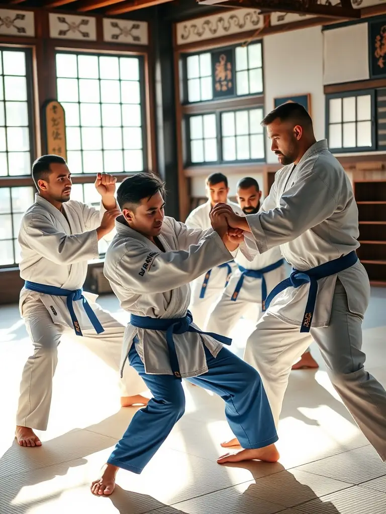 A focused image of jujitsu students practicing self-defense techniques under the guidance of an instructor at JUDO CLUB RUFFECOIS, highlighting the practical applications of jujitsu.