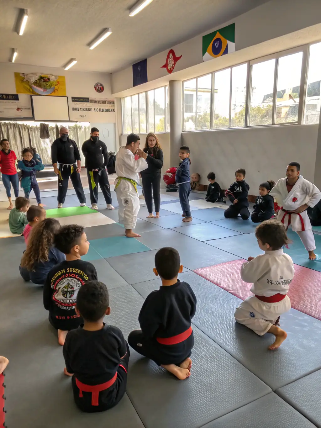 A diverse group of members at Judo Club Ruffecois participating in a group exercise, emphasizing the community and inclusive environment of the club.