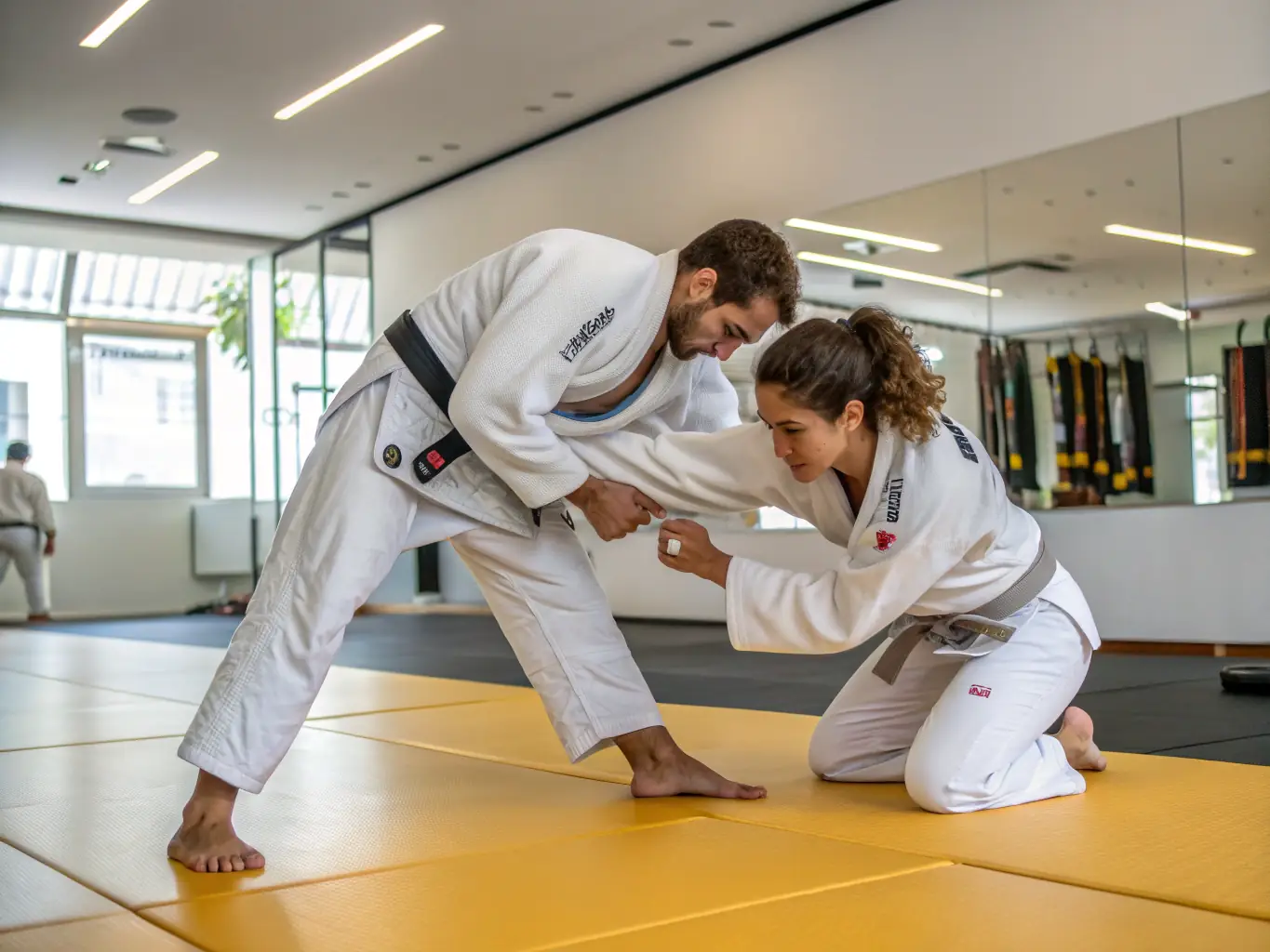 A focused image of adults practicing Jujitsu, demonstrating grappling techniques and emphasizing the practical self-defense aspects of the training.
