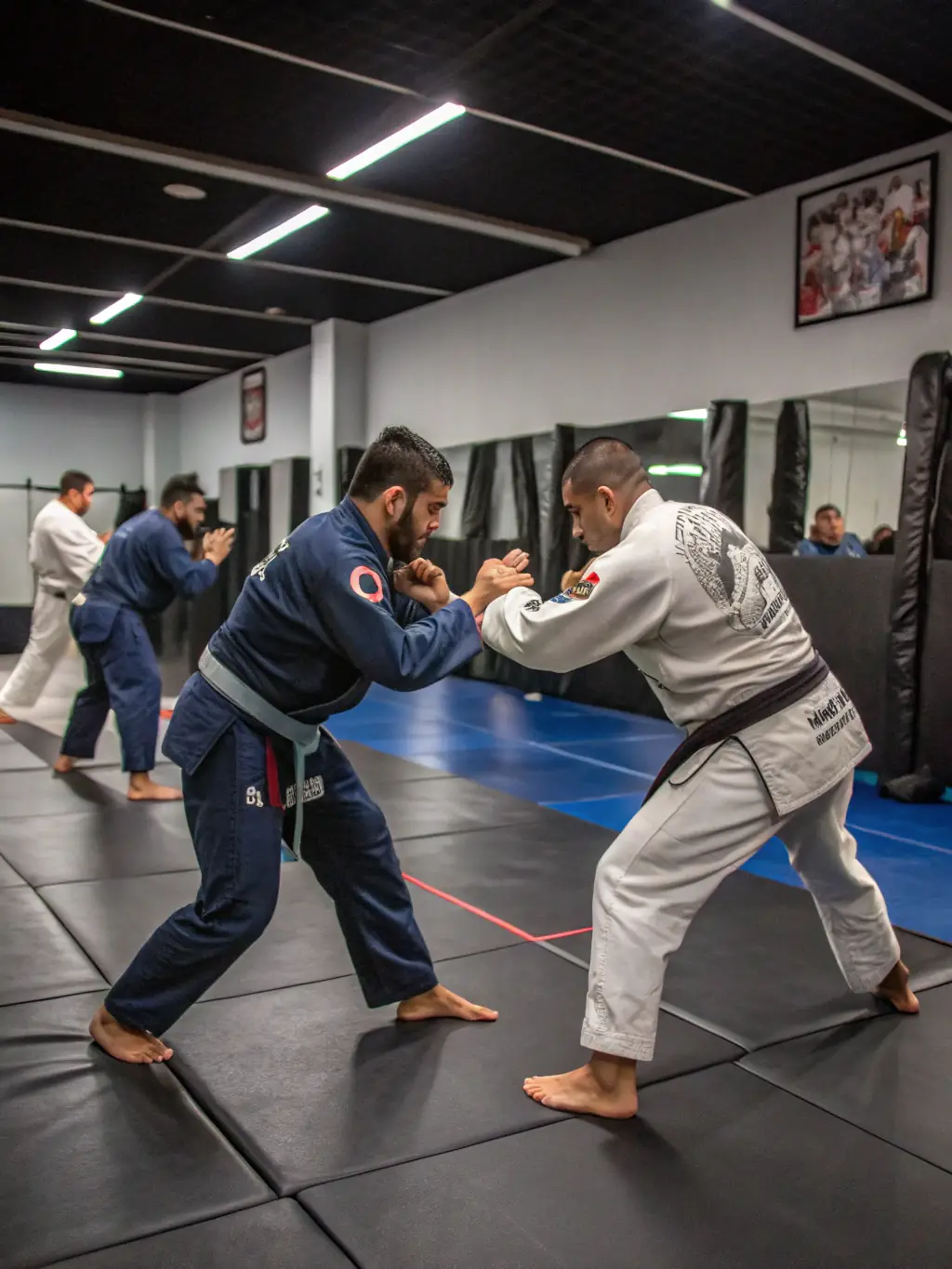 A focused image of students practicing jujitsu holds and submissions at Judo Club Ruffecois, emphasizing the art of grappling and control.