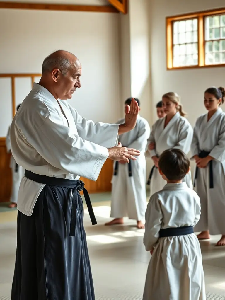 A senior instructor guiding a junior student in a jujitsu technique, highlighting the mentorship and guidance provided at Judo Club Ruffecois.
