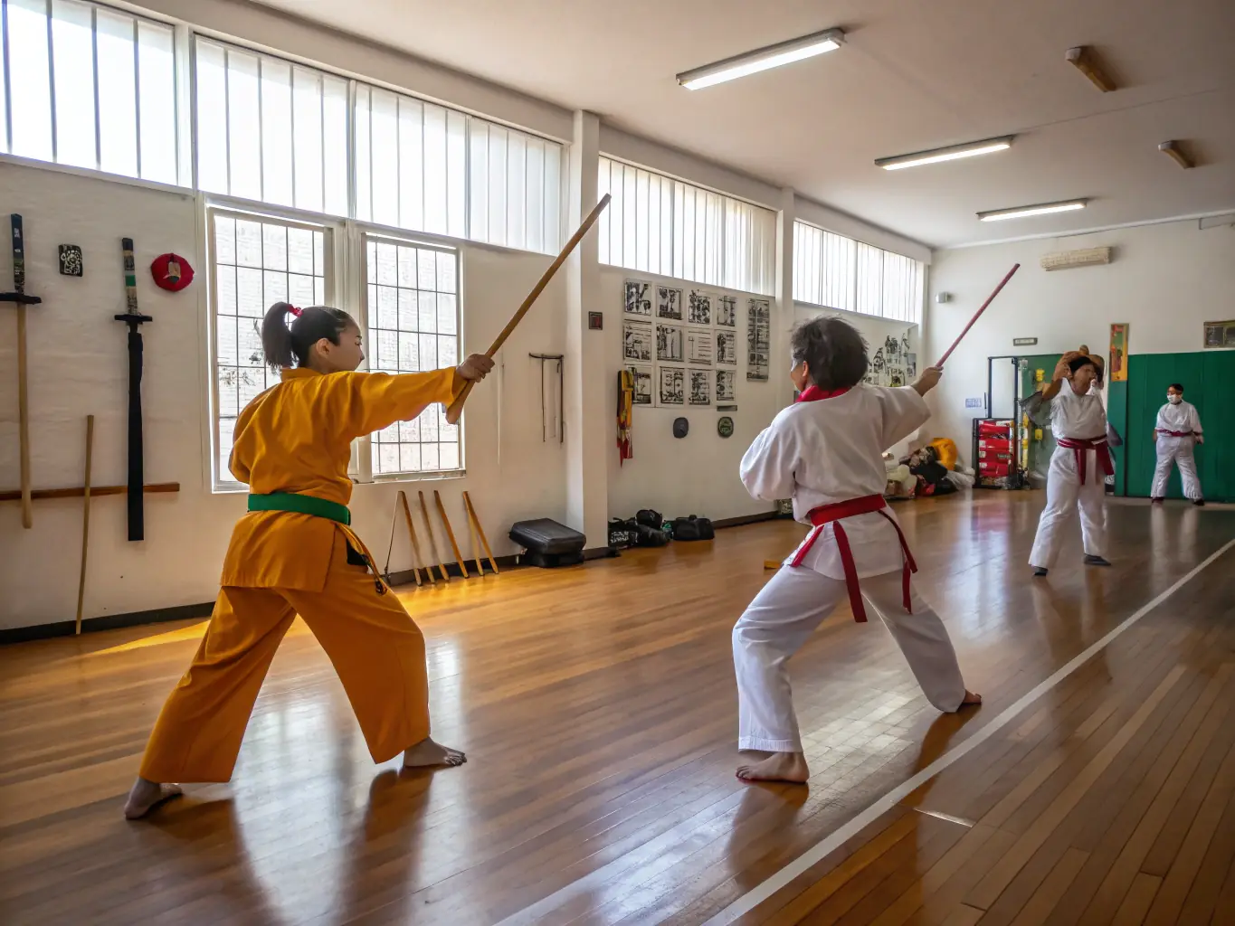 An action shot of individuals practicing Kendo, showcasing the traditional Japanese martial art with its distinctive equipment and emphasis on precision and etiquette.